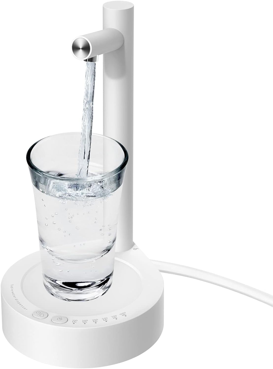 Weißer Wasserfilter mit Glas, modernes Design, Tischgerät, Wasseraufbereitung, Küche.