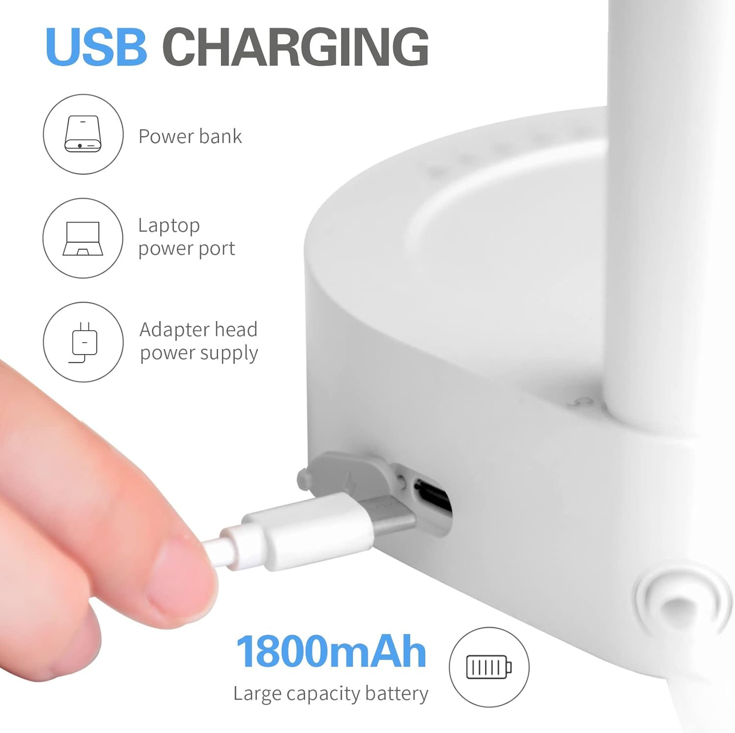 Weiße LED-Tischlampe mit USB-Ladefunktion, 1800mAh Akku, modernes Design.