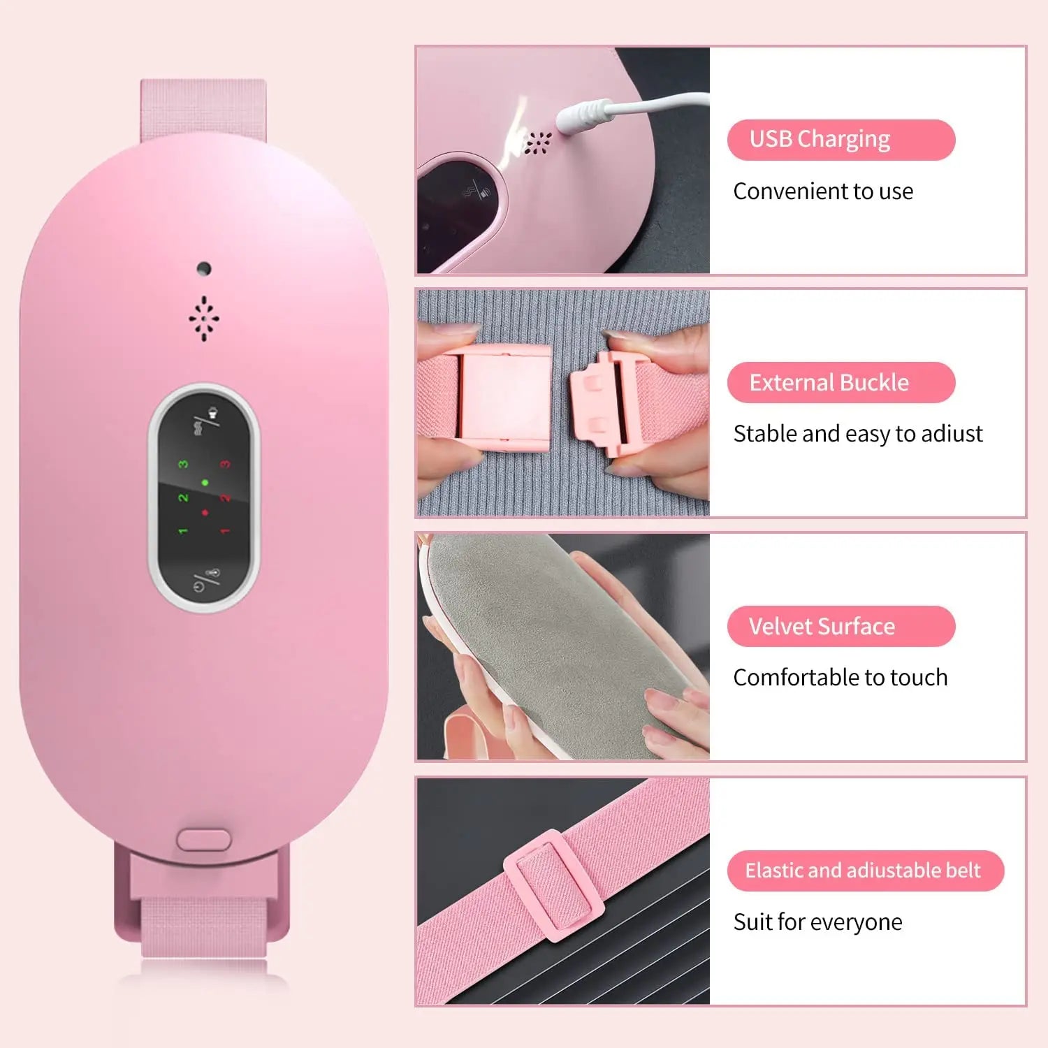 Rosa tragbares Heizkissen mit USB-Ladung, Samtoberfläche, verstellbarem Gurt.