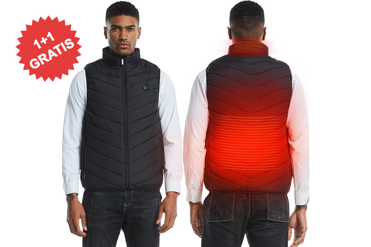 Unisex beheizbare Weste schwarz, Vorder- und Rückansicht, 1+1 gratis Angebot.