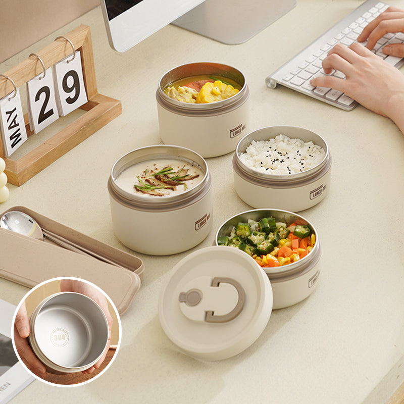 Beige Bento-Box Set aus Edelstahl, 3-teilig, für Mahlzeiten, mit Deckel, ideal für Büro und Schule.