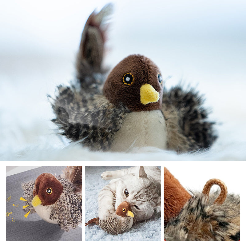 Plüschvogel Katzenspielzeug, braun, mit Federn, interaktiv, für Haustiere.