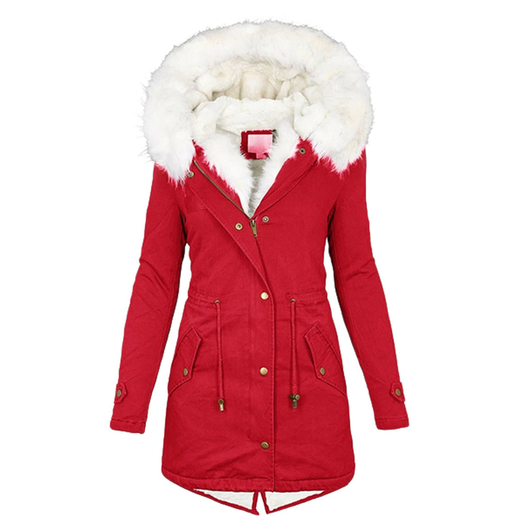 Rote Winterjacke mit Kapuze, Damenmantel, warm, modisch, Kunstfellbesatz, Outdoor-Bekleidung.