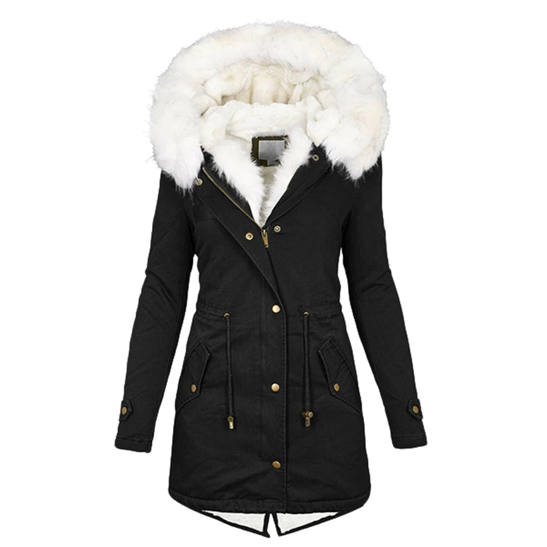 Schwarze Winterjacke mit weißem Kunstfellkragen, Damenmantel, warm, modisch.