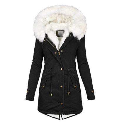 Schwarze Winterjacke mit weißem Kunstfellkragen, Damenmantel, warm, modisch.
