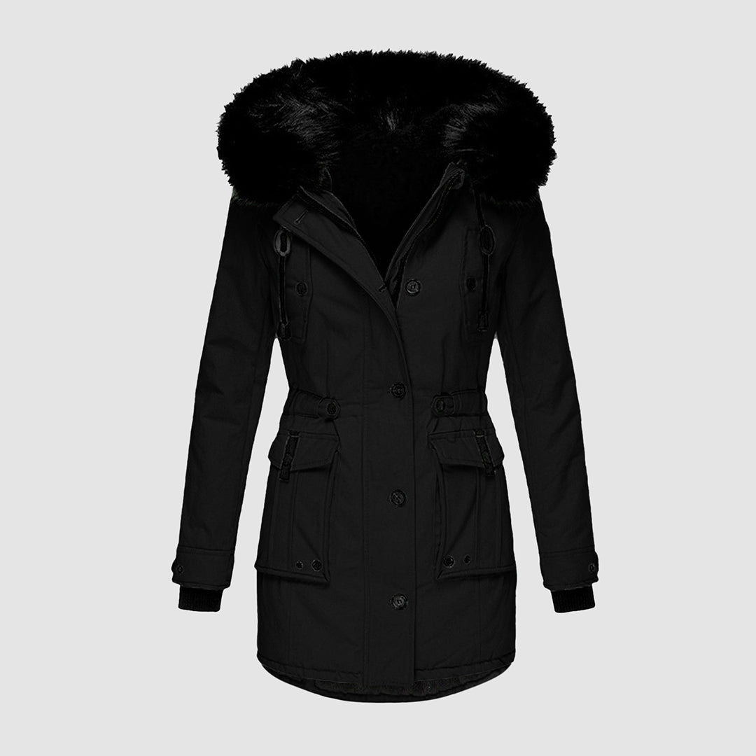 Schwarze Damen-Winterjacke mit Kapuze, warm, stilvoll, ideal für kaltes Wetter.