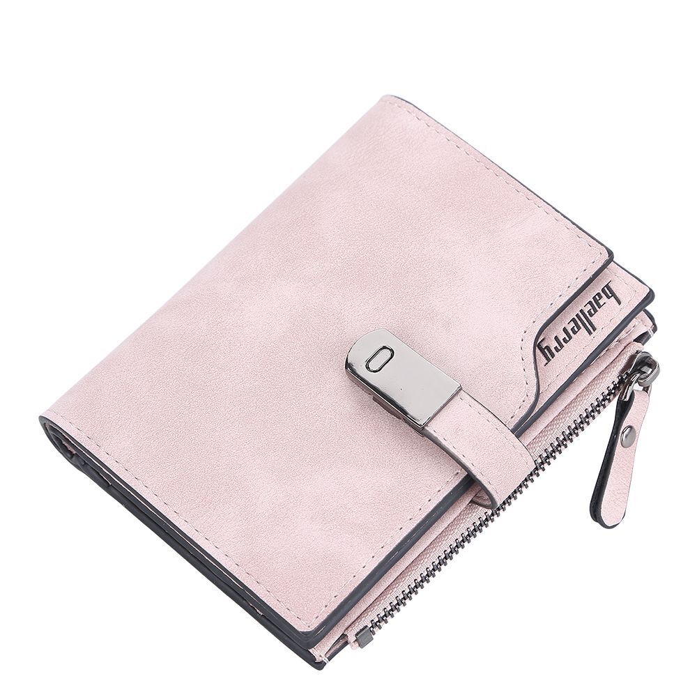 Rosa Damen-Geldbörse aus Leder mit Reißverschluss und Schnalle, stilvolles Design.