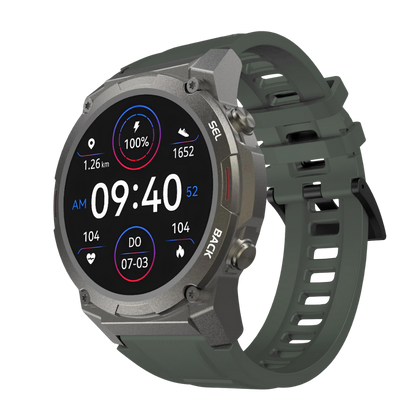 Grüne Smartwatch mit rundem Display, Fitness-Tracking, robustem Design, digitaler Anzeige.