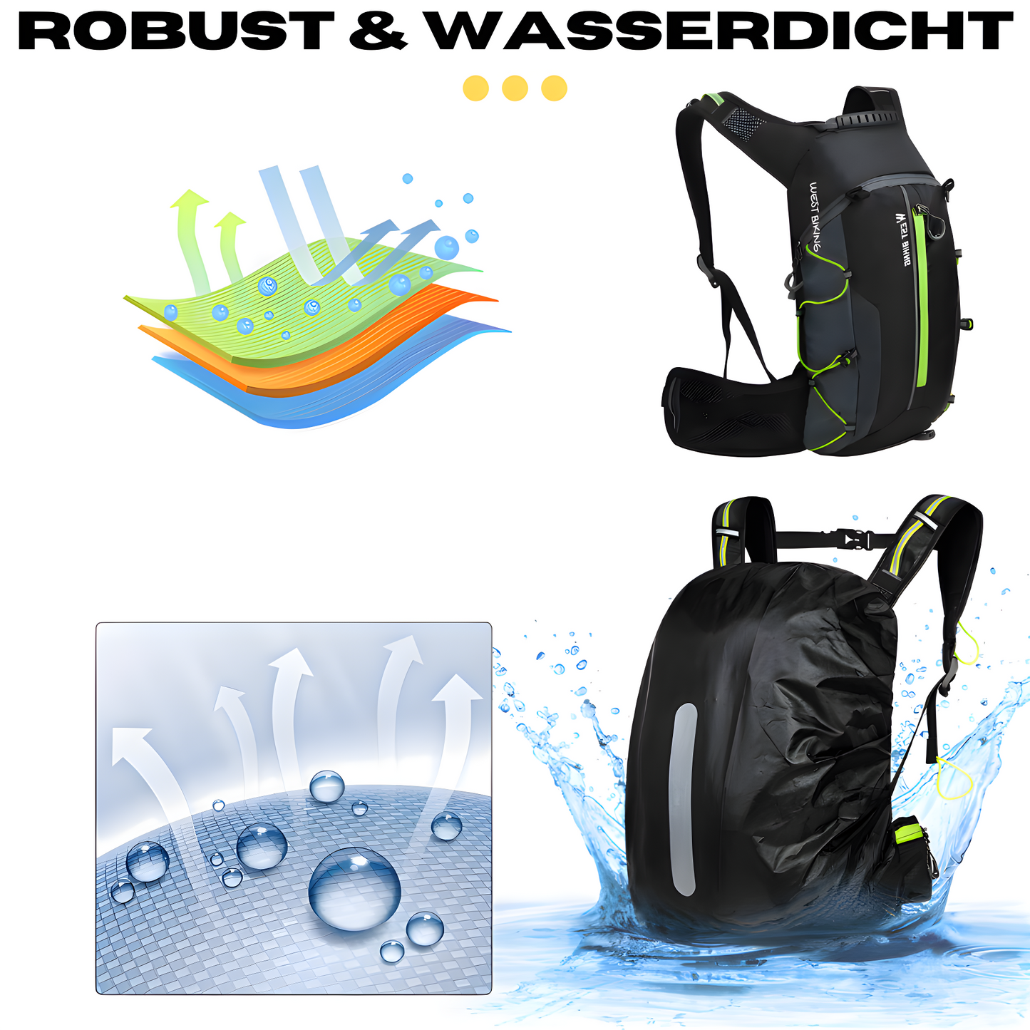 Schwarzer wasserdichter Fahrradrucksack mit reflektierenden Streifen und ergonomischem Design.