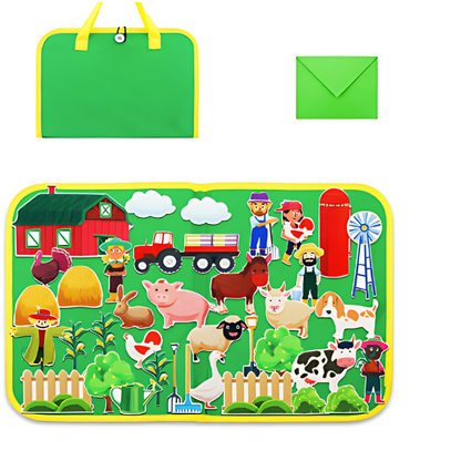 Bunte Bauernhof-Spielmatte für Kinder, faltbar, mit Tieren und Bauernhof-Szenen, grün.