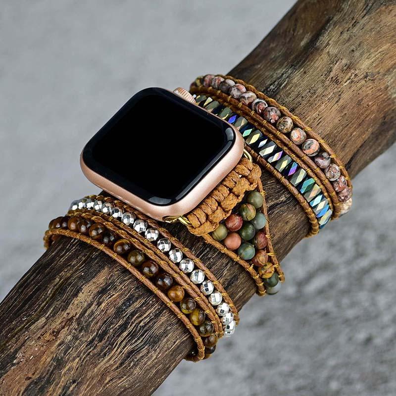 Apple Watch mit Natursteinarmband, Tigerauge, Boho-Stil, Wickelarmband, Braun, Unisex.