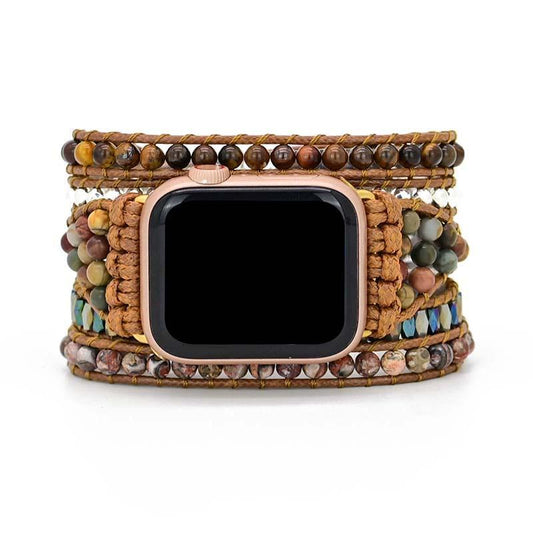 Apple Watch Armband, Naturstein, Boho-Stil, Tigerauge, Wickelarmband, Braun, Handgefertigt