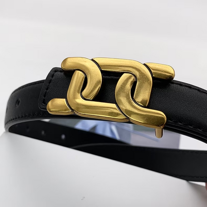 Schwarzer Ledergürtel mit goldener Schnalle, modisches Accessoire, elegantes Design.