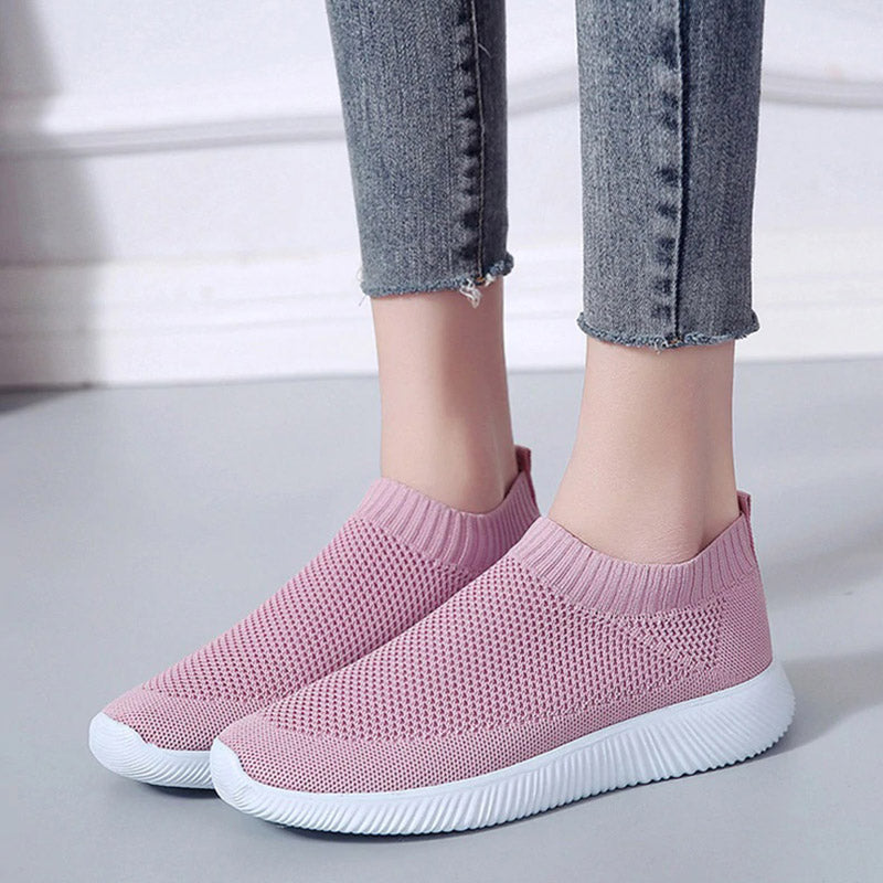 Rosa Damen-Sneaker, atmungsaktiv, Strickmaterial, rutschfeste Sohle, modisch, bequem.