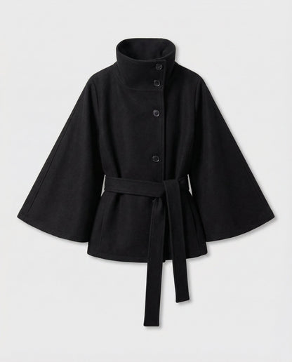 Women's Belted Wool-Blend Cape Jacket - High-Collar Winter Layer 5