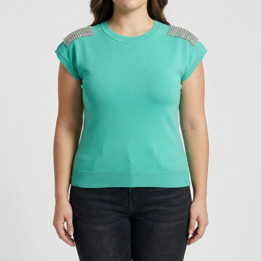Fitted Rhinestone Shoulder Knit Top - Laura