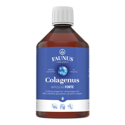 Colagenus Gelenke Forte – koncentrerat flytande kollagen, 12 000 mg typ 1-kollagen och 40 mg typ 2-kollagen. Flaska 500 ml. Stöder ledernas hälsa, minskar inflammationer och reumatiska smärtor, regenererar muskler och ligament.