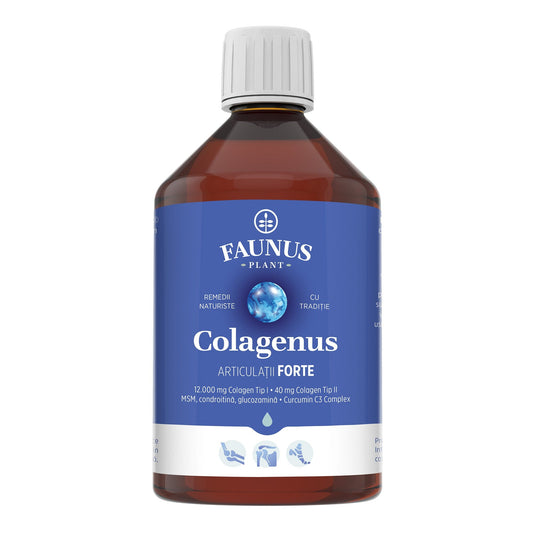 Colagenus Gelenke Forte – koncentrerat flytande kollagen, 12 000 mg typ 1-kollagen och 40 mg typ 2-kollagen. Flaska 500 ml. Stöder ledernas hälsa, minskar inflammationer och reumatiska smärtor, regenererar muskler och ligament.