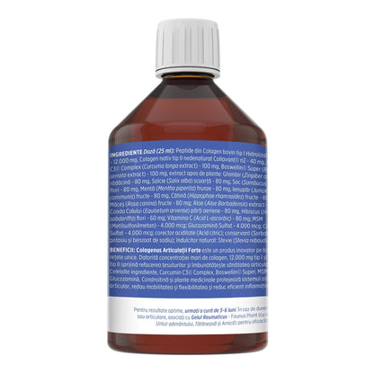 Colagenus Gelenke Forte – koncentrerat flytande kollagen, 12 000 mg typ 1-kollagen och 40 mg typ 2-kollagen. Flaska 500 ml. Stöder ledernas hälsa, minskar inflammationer och reumatiska smärtor, regenererar muskler och ligament.