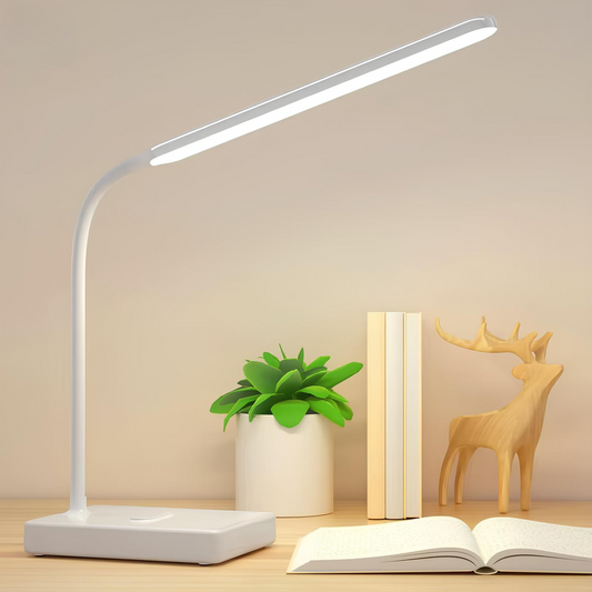 Moderne LED-Schreibtischlampe, weiß, flexibel, energiesparend, ideal für Büro und Zuhause.