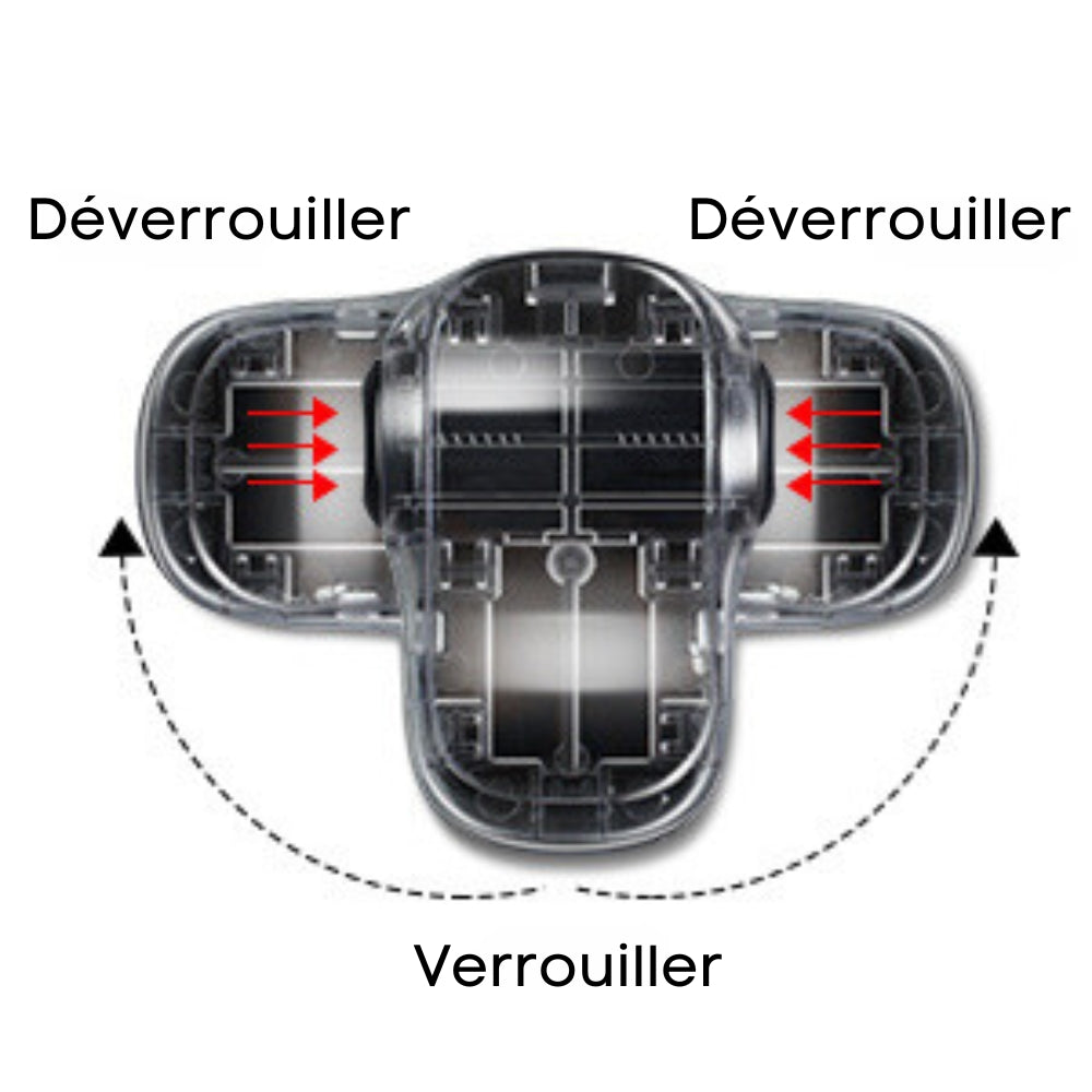 Transparenter Kunststoffverschluss, flexibel, mit Verriegelungsmechanismus, Pfeile, schwarz-weiß.