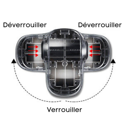 Transparenter Kunststoffverschluss, flexibel, mit Verriegelungsmechanismus, Pfeile, schwarz-weiß.