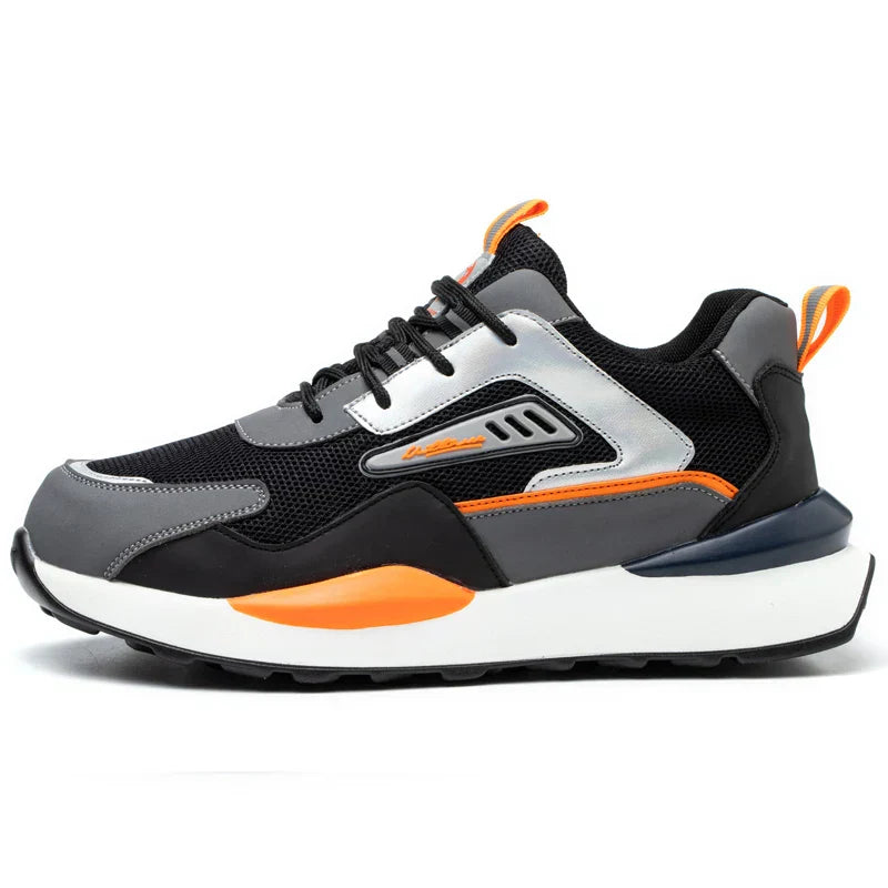 Schwarzer und grauer Sneaker mit orangefarbenen Akzenten, atmungsaktives Mesh, sportlich, Herren.