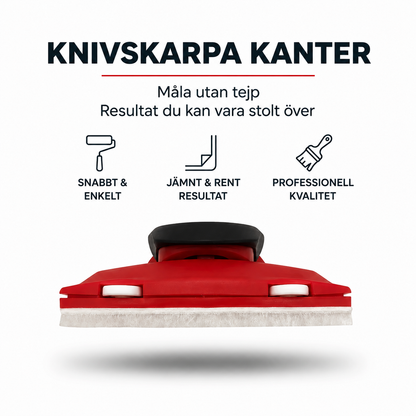 Rött målarverktyg med svart handtag och vit filtkant sett framifrån, med ikoner över fördelar 1