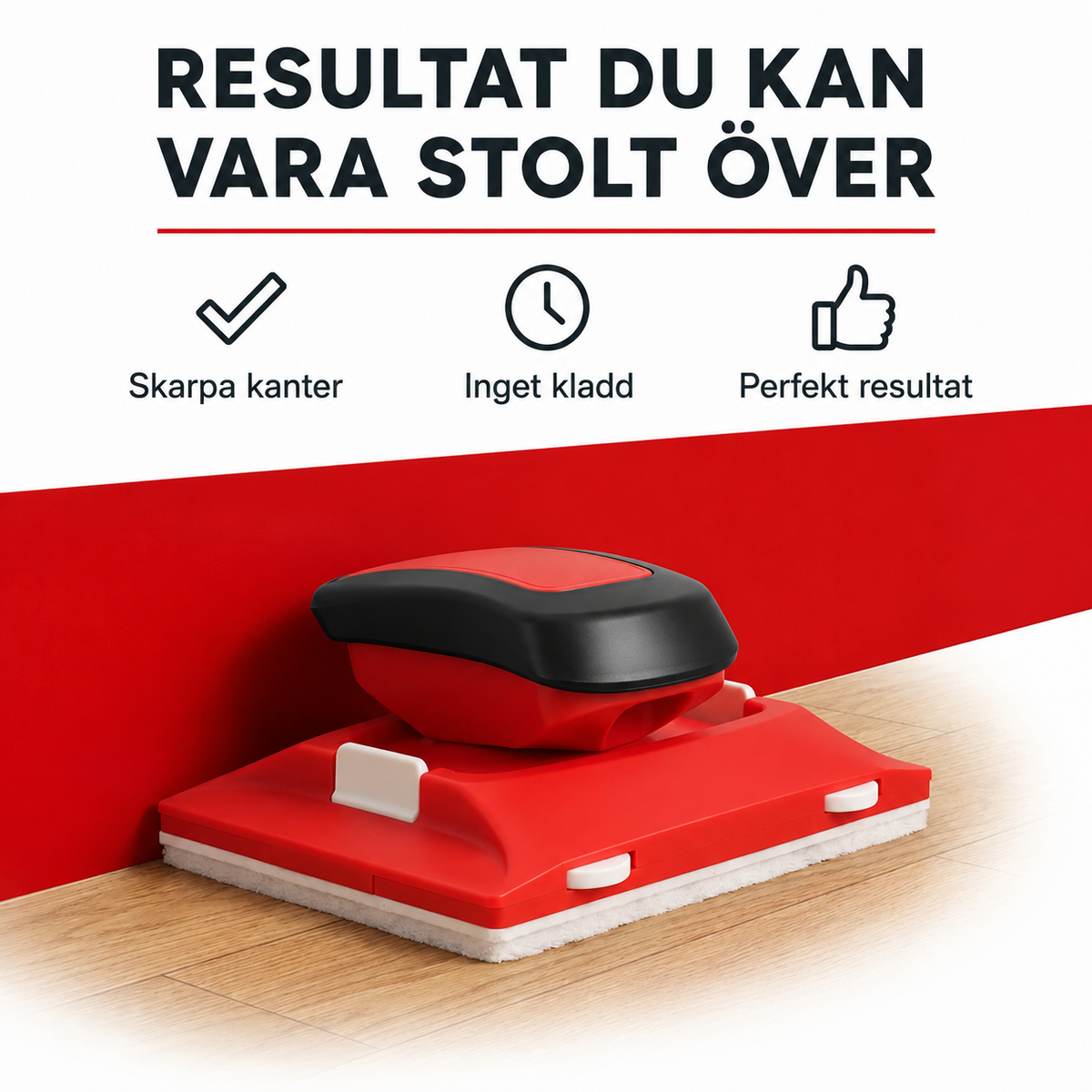 Verktyget står mot en röd vägg vid ett trägolv och visar en skarp kant 2