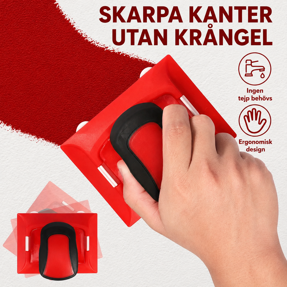 Hand för det röda verktyget över en vägg och lämnar en skarp röd målad kant 3