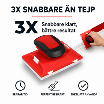 Verktygets filtkant nära uppifrån, och en hand som målar längs en list i bakgrunden 6
