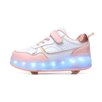 Weiße und rosa Rollschuhe mit LED-Lichtern, vier Räder, Kinder, verstellbar, blinkend.