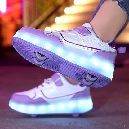 Lila LED-Rollschuhe mit vier Rädern für Kinder, leuchtend, verstellbar, modisch.