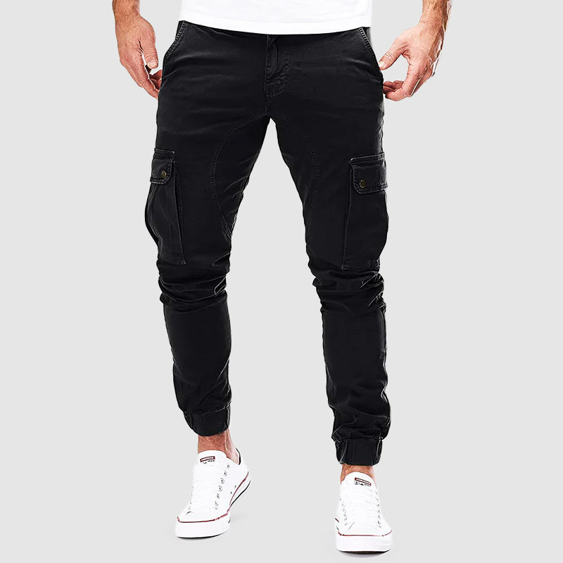 Schwarze Herren-Cargohose, Sommer, Baumwolle, Taschen, sportlich, modisch, bequem, Freizeit.