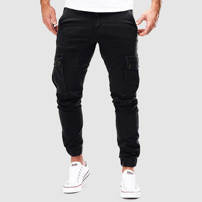 Schwarze Herren-Cargohose, Sommer, Baumwolle, Taschen, sportlich, modisch, bequem, Freizeit.