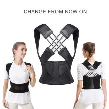 Schwarze Rückenstütze Haltungskorrektur, verstellbar, ergonomisch, für Damen und Herren.