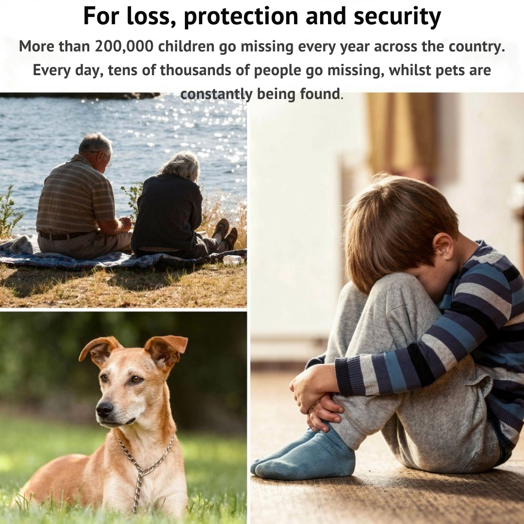 Collage med äldre par vid vatten, en hund med kedjehalsband och ett ledset barn som sitter med knäna uppdragna. 5