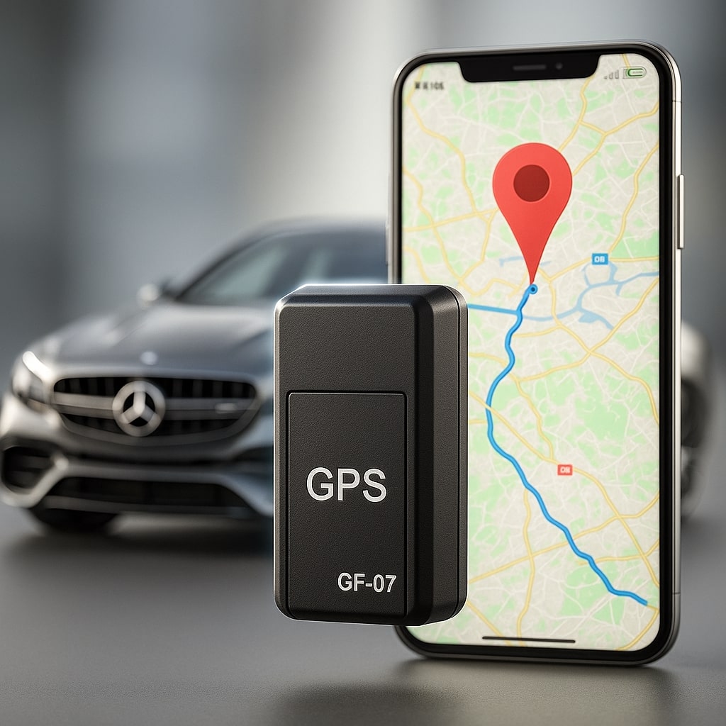 Svart mini-GPS-spårare framför en smartphone med karta och röd platsmarkör, med en suddig bil i bakgrunden. 1