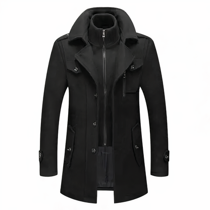 Schwarzer Herrenmantel, Winterjacke, Reißverschluss, Knöpfe, elegantes Design, warme Oberbekleidung.