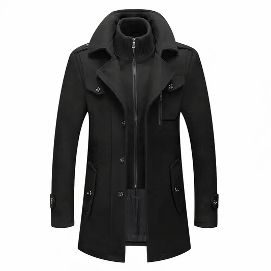 Schwarzer Herrenmantel, Winterjacke, Reißverschluss, Knöpfe, elegantes Design, warme Oberbekleidung.