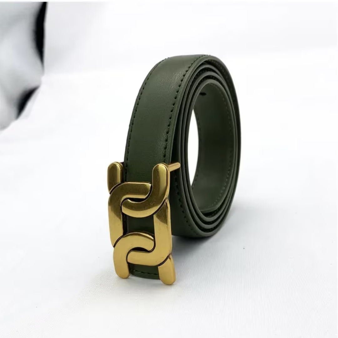 Grüner Ledergürtel mit goldener Schnalle, modisches Accessoire, Unisex, elegant und stilvoll.