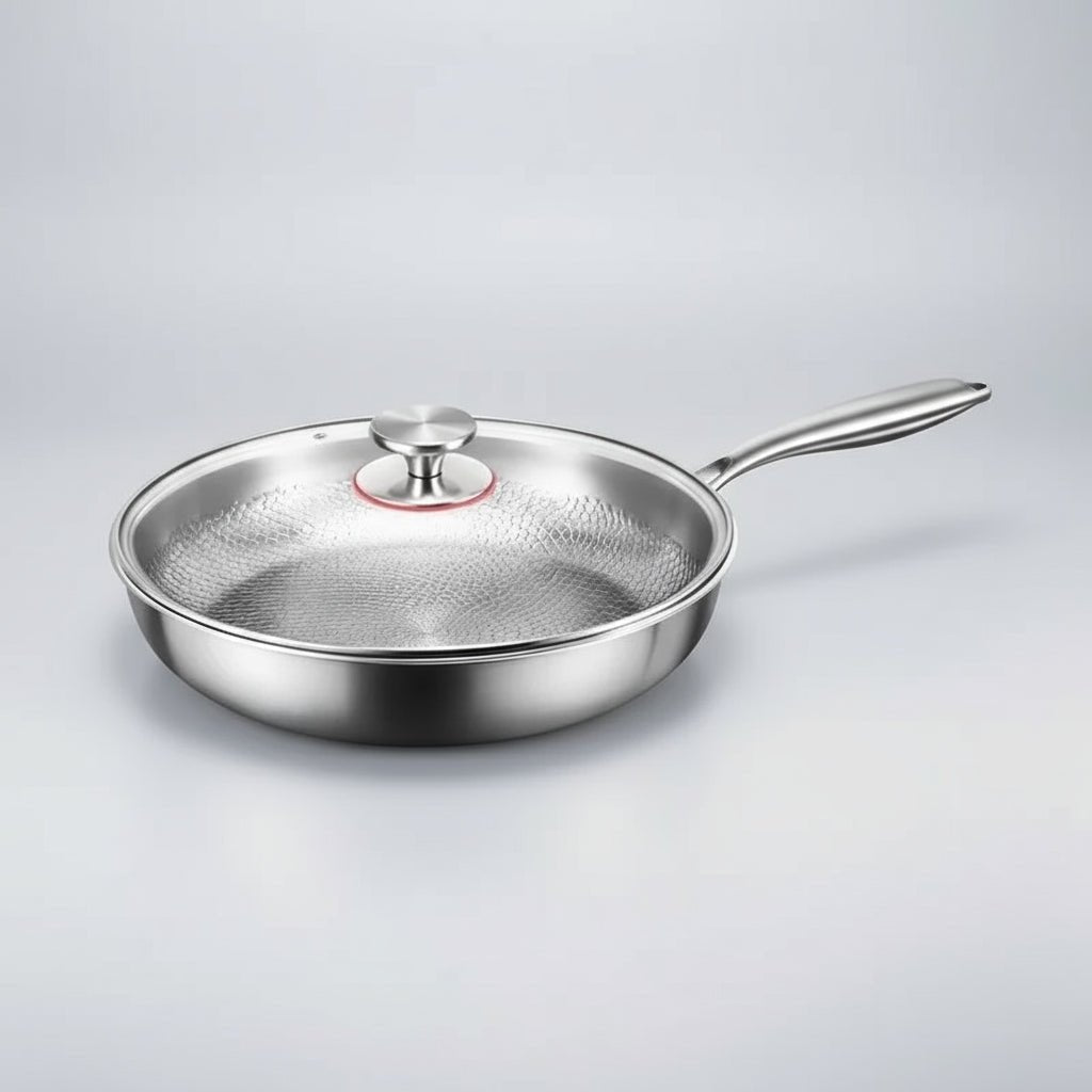 Stekpannan med glaslock och metallknopp, fotograferad snett från sidan mot ljusgrå bakgrund, med långt skaft i metall. 8