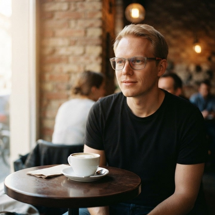 Man med korthårig frisyr bär glasögon med genomskinlig grå båge på ett café, med en kopp kaffe framför sig. 4
