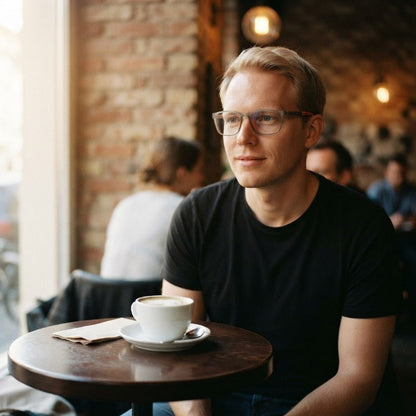 Man med korthårig frisyr bär glasögon med genomskinlig grå båge på ett café, med en kopp kaffe framför sig. 4
