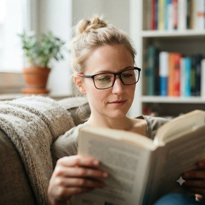 Kvinna med uppsatt hår läser en bok i en soffa, iförd glasögon med svart båge och rödaktiga skenor. 3