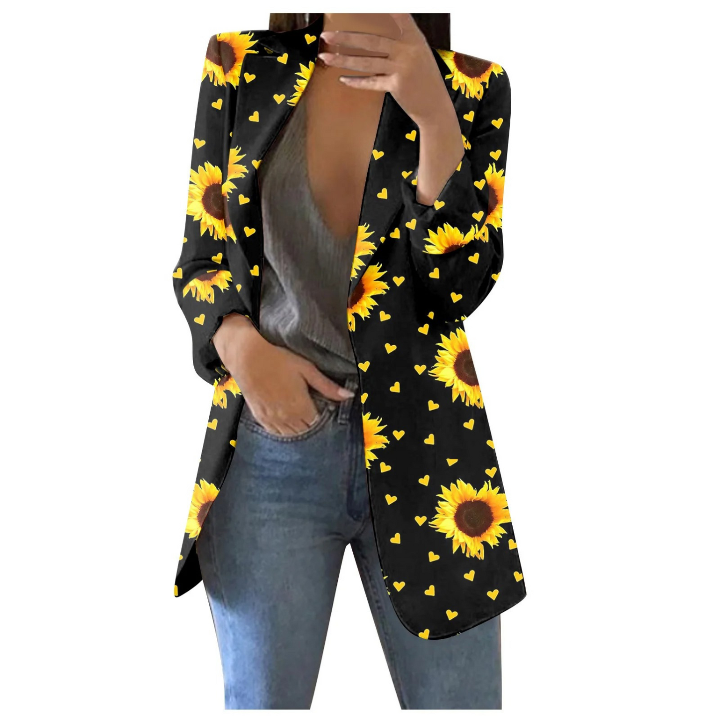 Damenblazer mit Sonnenblumenmuster, schwarz, Revers, schlanke Passform, modisch, elegant.