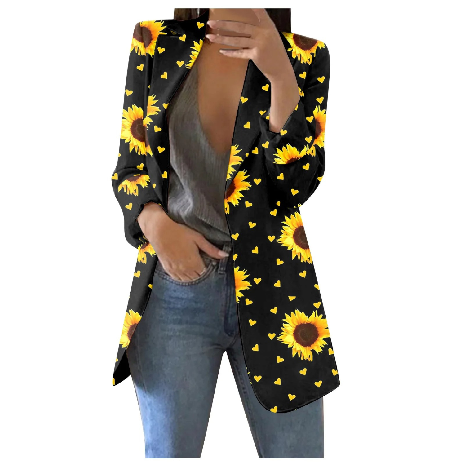 Damenblazer mit Sonnenblumenmuster, schwarz, Revers, schlanke Passform, modisch, elegant.