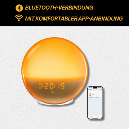 Orange Lichtwecker mit Bluetooth, App-Steuerung, digitaler Uhrzeit-Anzeige, modernes Design.