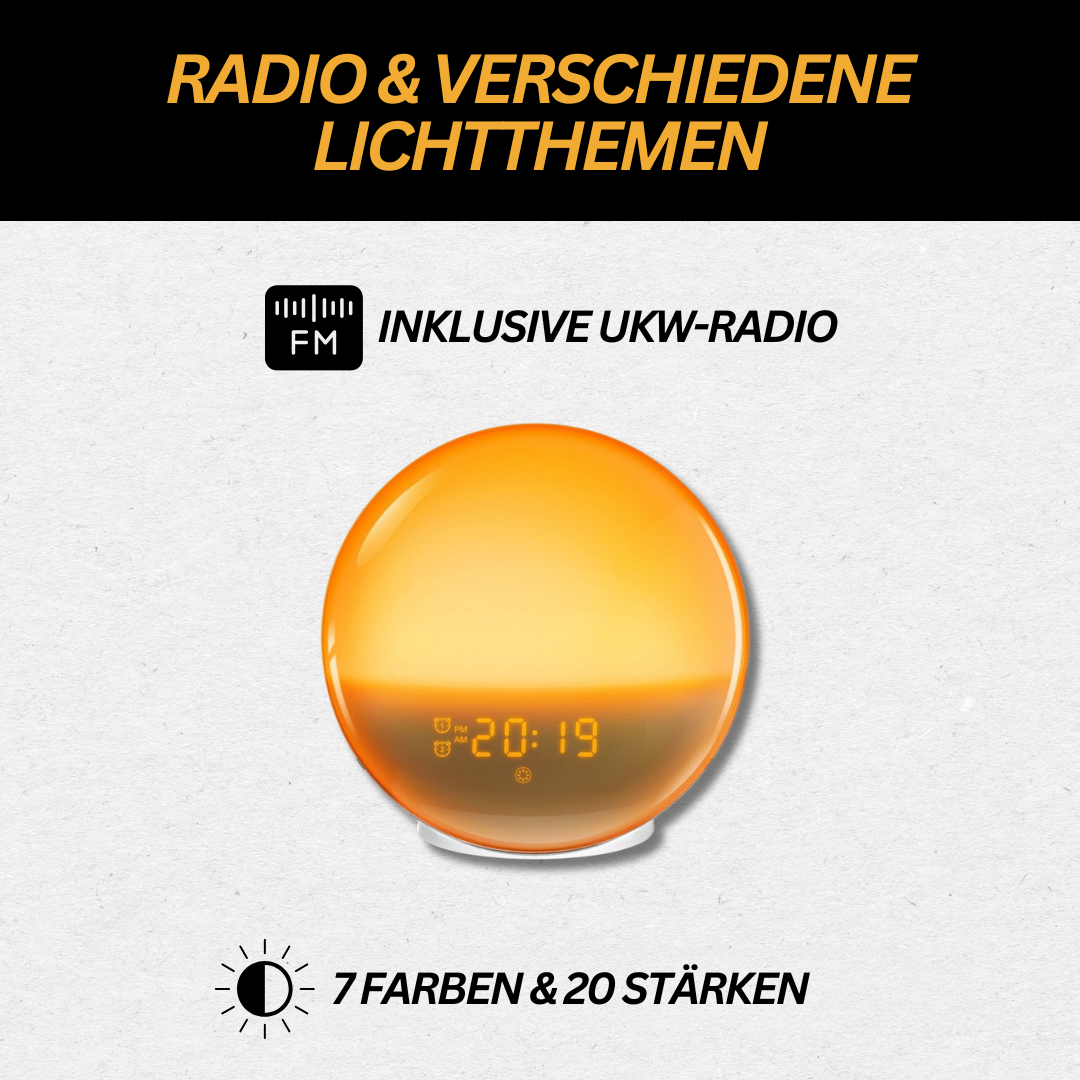Orangefarbener Wecker mit UKW-Radio, 7 Farben, 20 Helligkeitsstufen, LED-Anzeige.