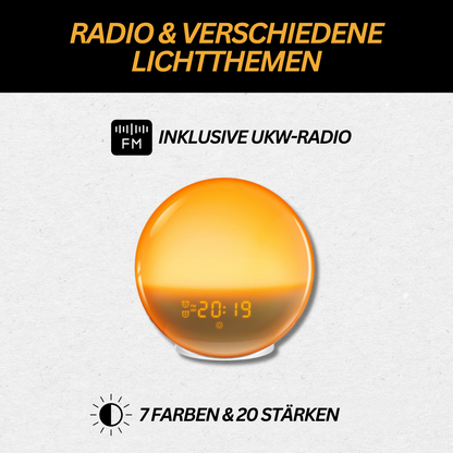 Orangefarbener Wecker mit UKW-Radio, 7 Farben, 20 Helligkeitsstufen, LED-Anzeige.